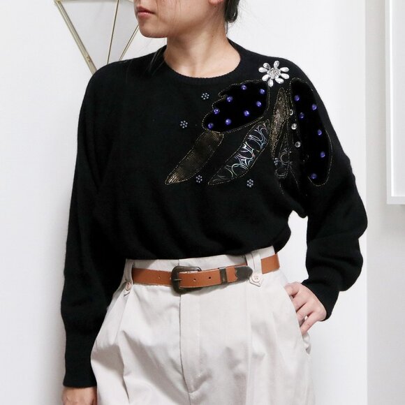 80s Black Angora & Wool Sweater w/ Abstract Asymmetric Applique Rhinestone - Picture 1 of 8
